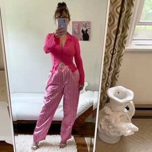 BOOHOO HOT PINK PINSTRIPE PAJAMA BOTTOMS STRETCH WAIST SATINY CUFFED